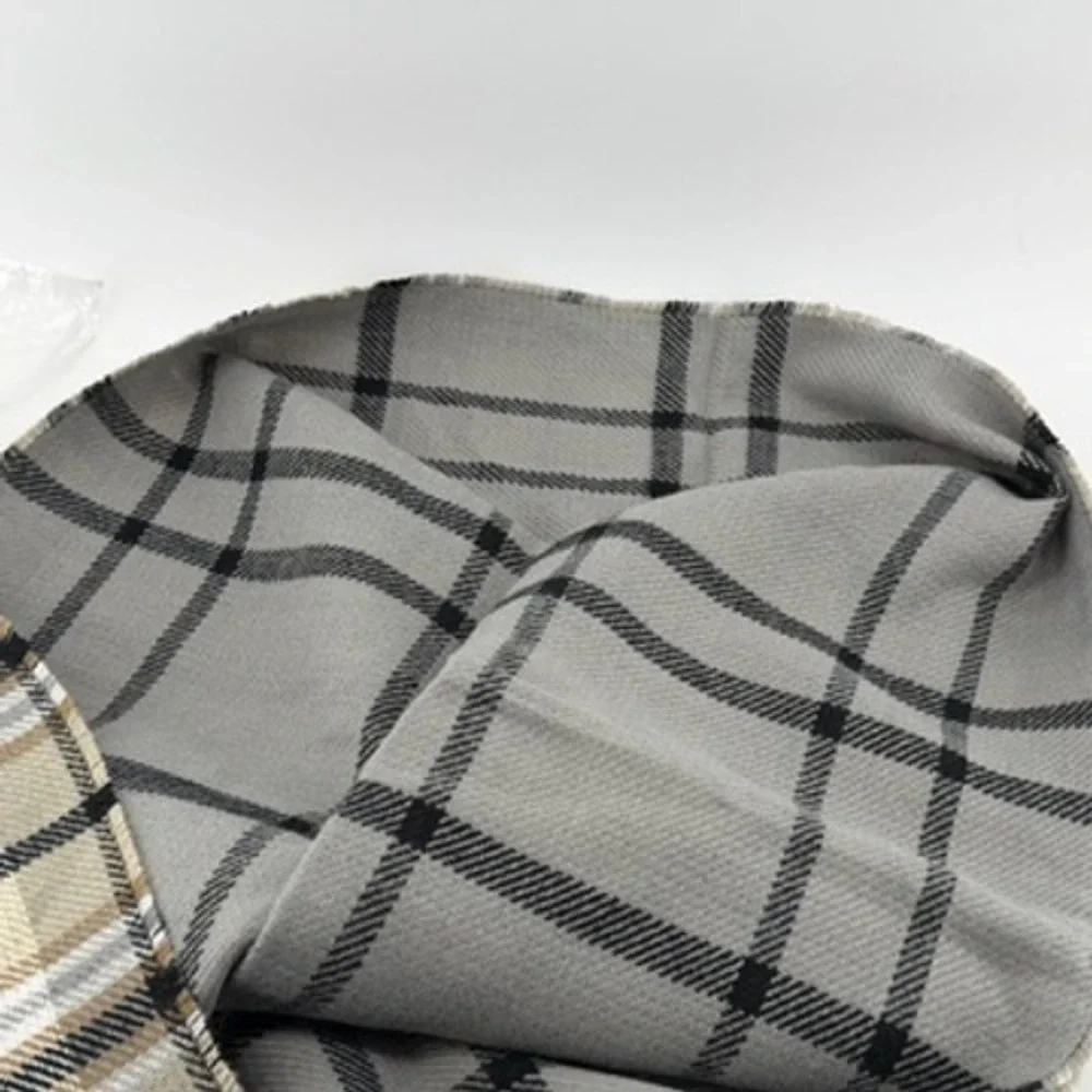 Mud Pie Plaid Blanket‎ Scarf Tan Gray Fringe Reversible Oversized Wrap NWT